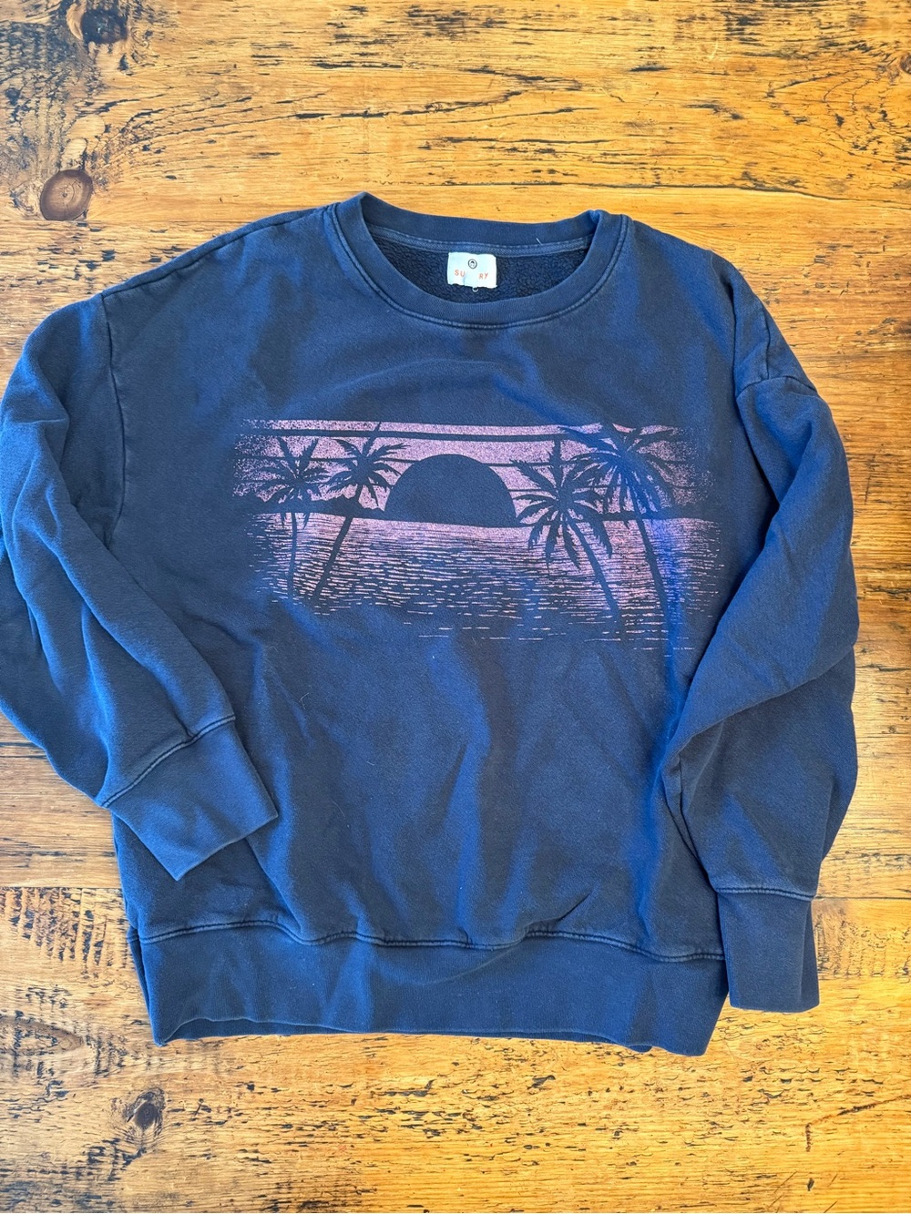Sundry Navy Crewneck Sweatshirt with Pink Sunset Palm Graphic